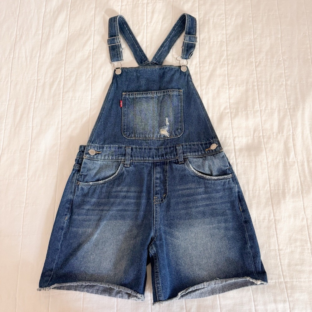Levi's Girls Denim Shortalls‎ Size 14 Reg Medium Wash. Raw Hem. Short Overalls